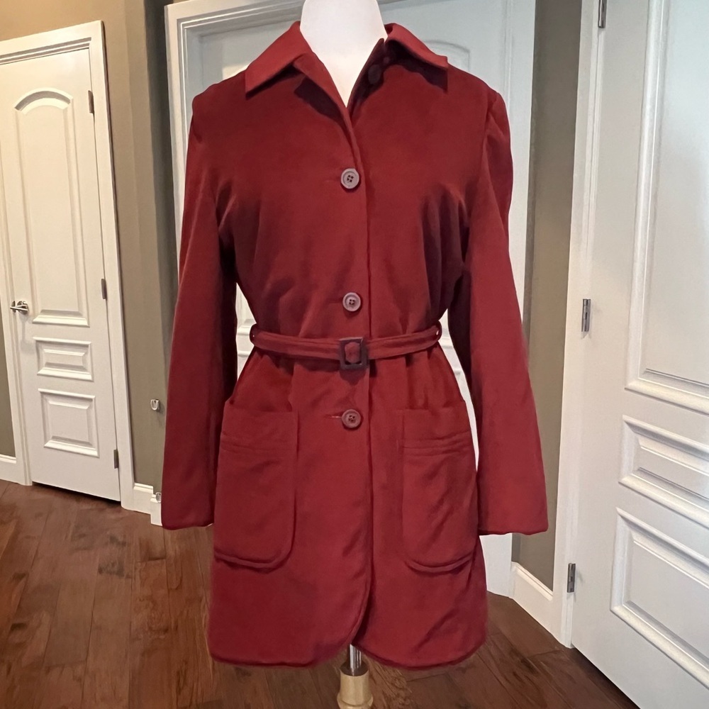 𝅺VTG Samuel Martin Dark Red Classic Trench Coat Jacket Size 14 Mid Length Belted